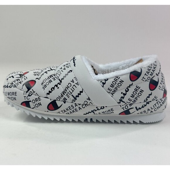 Champion Varsity Reflective Logo Silver / Black Fux Fur Slippers Unisex - Picture 3 of 10